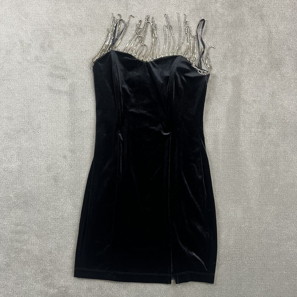Forever 21 Size S Black Velvet Rhinestone Fringe Mini Dress Sweetheart Bodycon